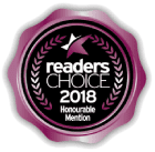 A badge that says readers choice 2 0 1 8 honourable mention