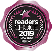 A badge that says readers choice 2 0 1 9 honourable mention