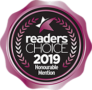 A badge that says readers choice 2 0 1 9 honourable mention