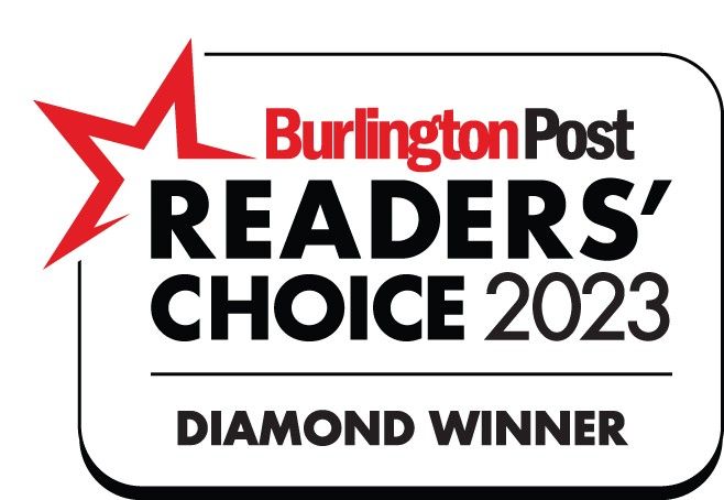 A red maple leaf with the words burlington post readers choice 2 0 2 1 diamond winner.