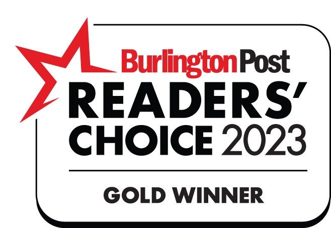 A red and black logo for the burlington post readers choice awards.